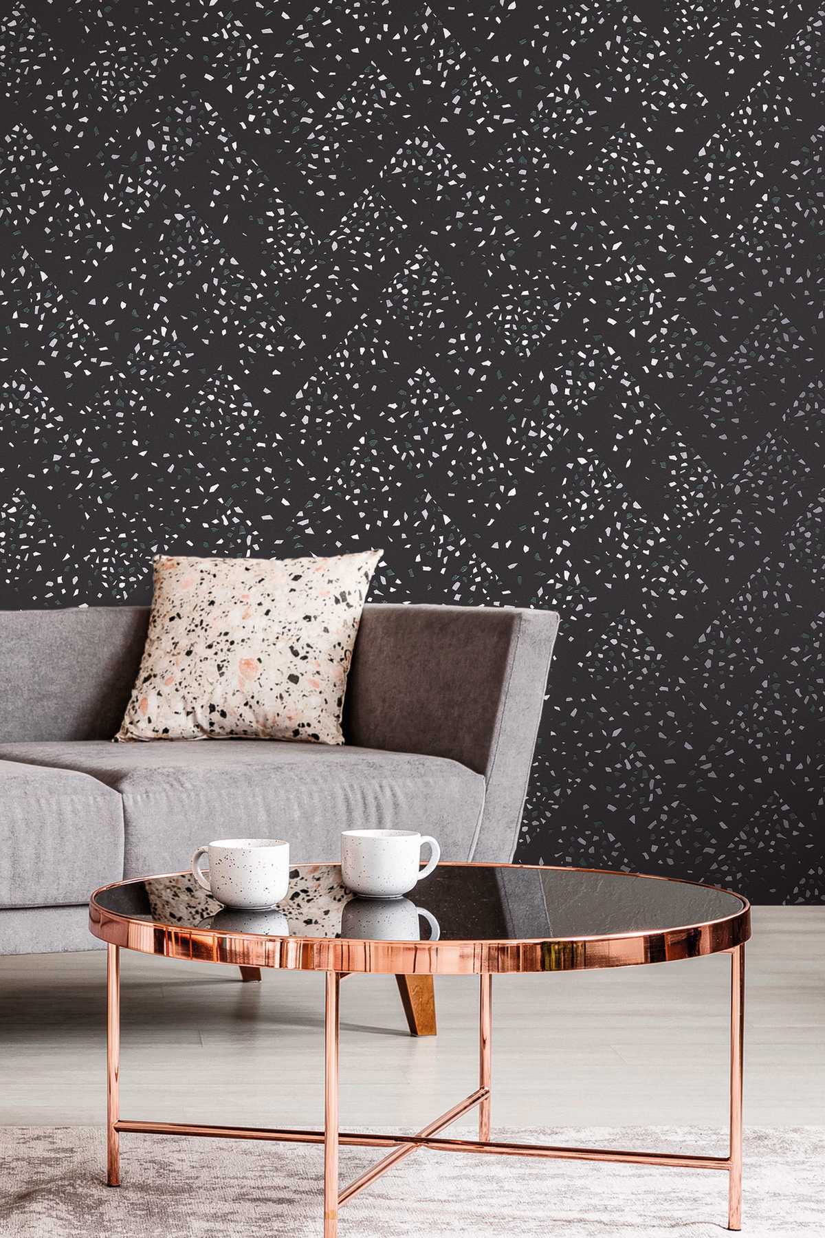             Non-woven wallpaper terrazzo with metallic effect - black, gold, grey
        