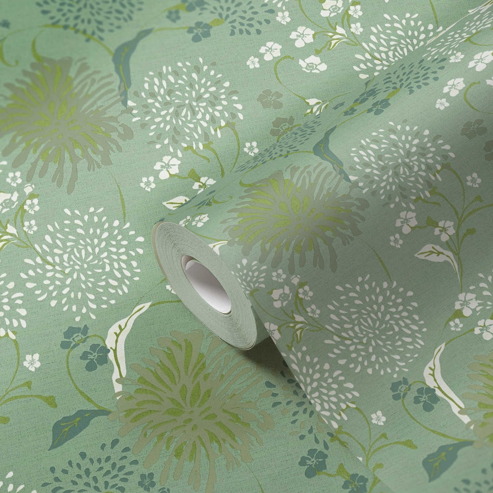             Papel pintado no tejido con motivos florales de diente de león - verde, blanco
        