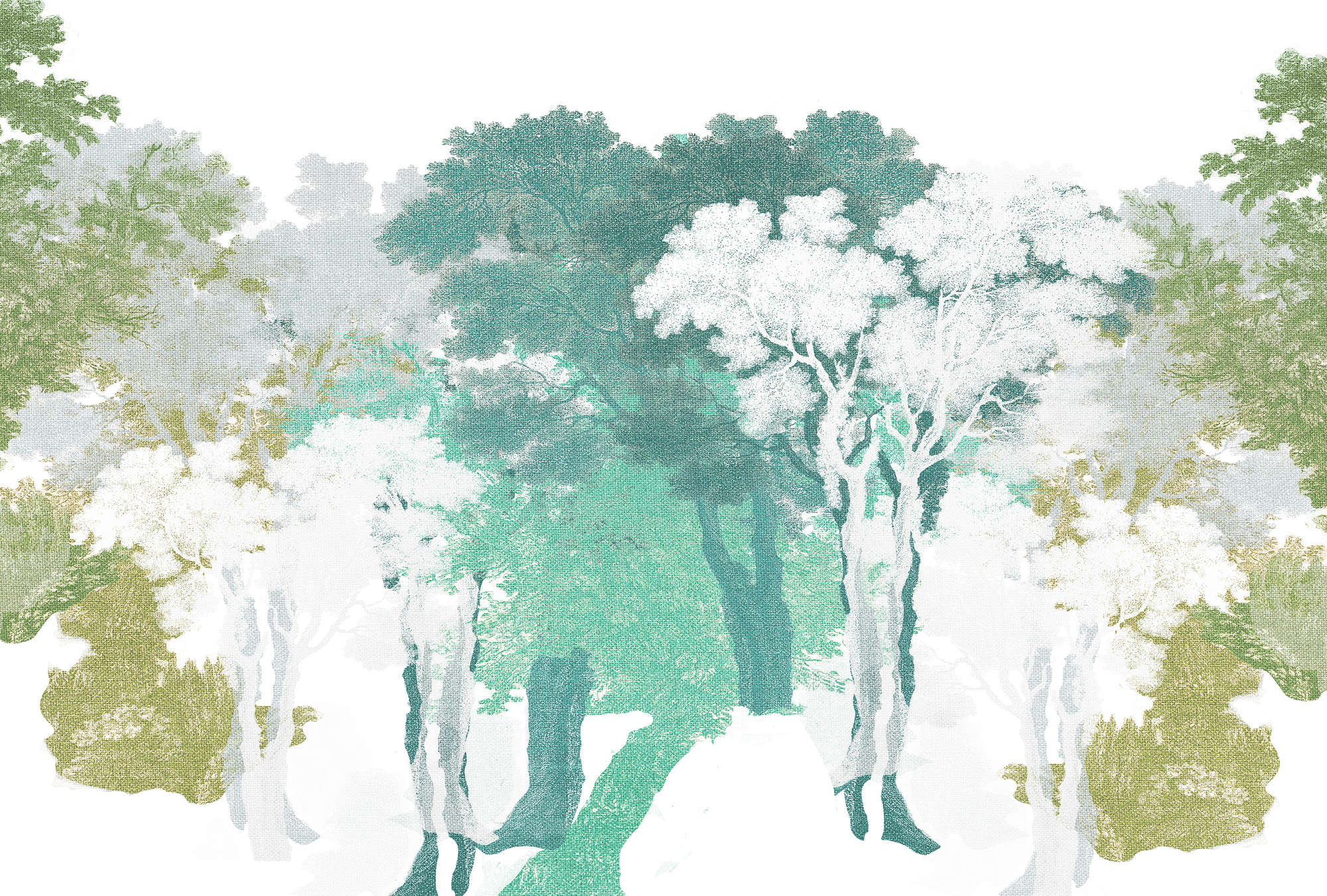             Fotomurali con motivo ad albero, aspetto foresta e lino - verde, bianco, grigio
        