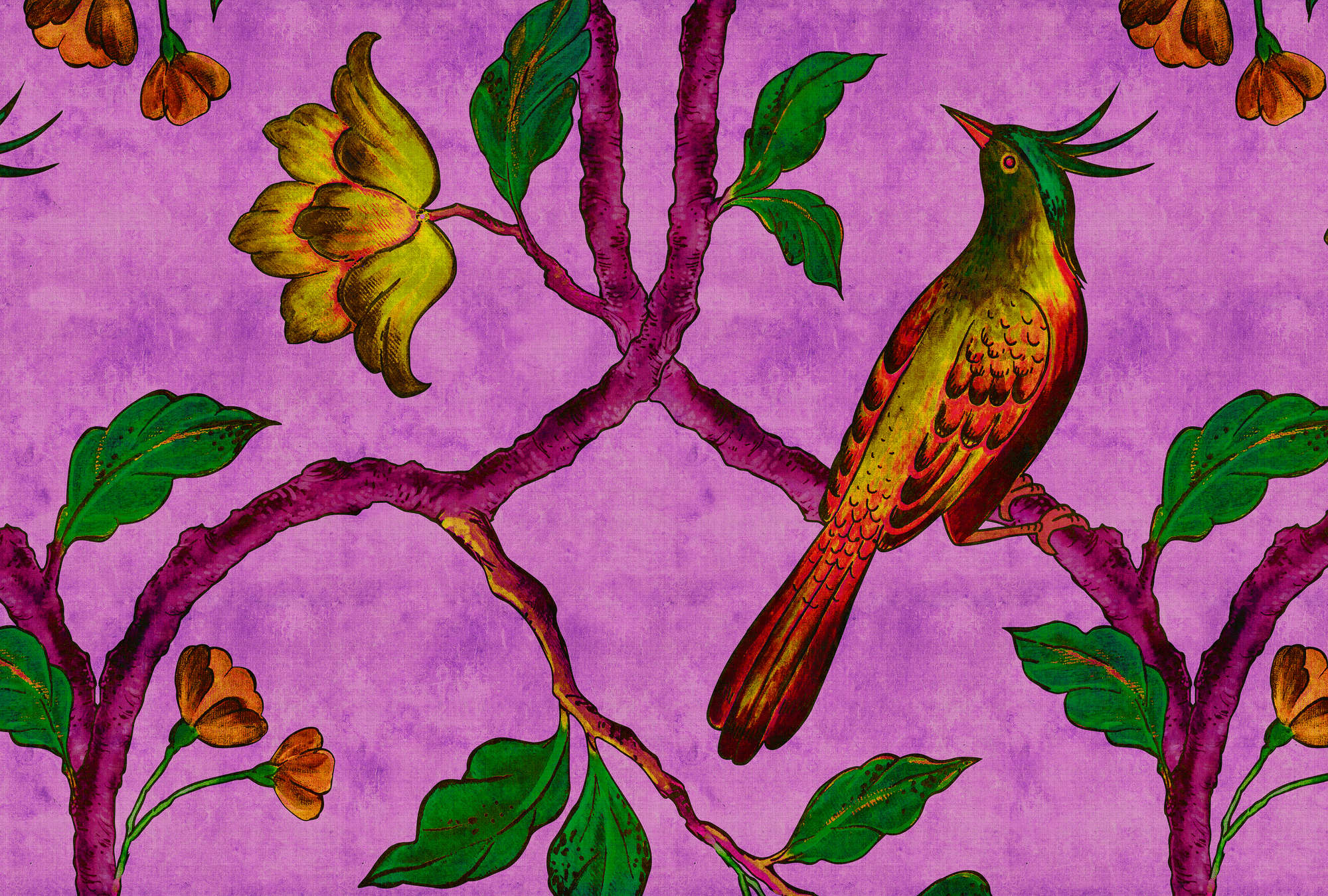             Bird Of Paradis 2 - papel pintado estampado digital ave del paraíso en estructura de lino natural - amarillo, verde | nácar liso
        
