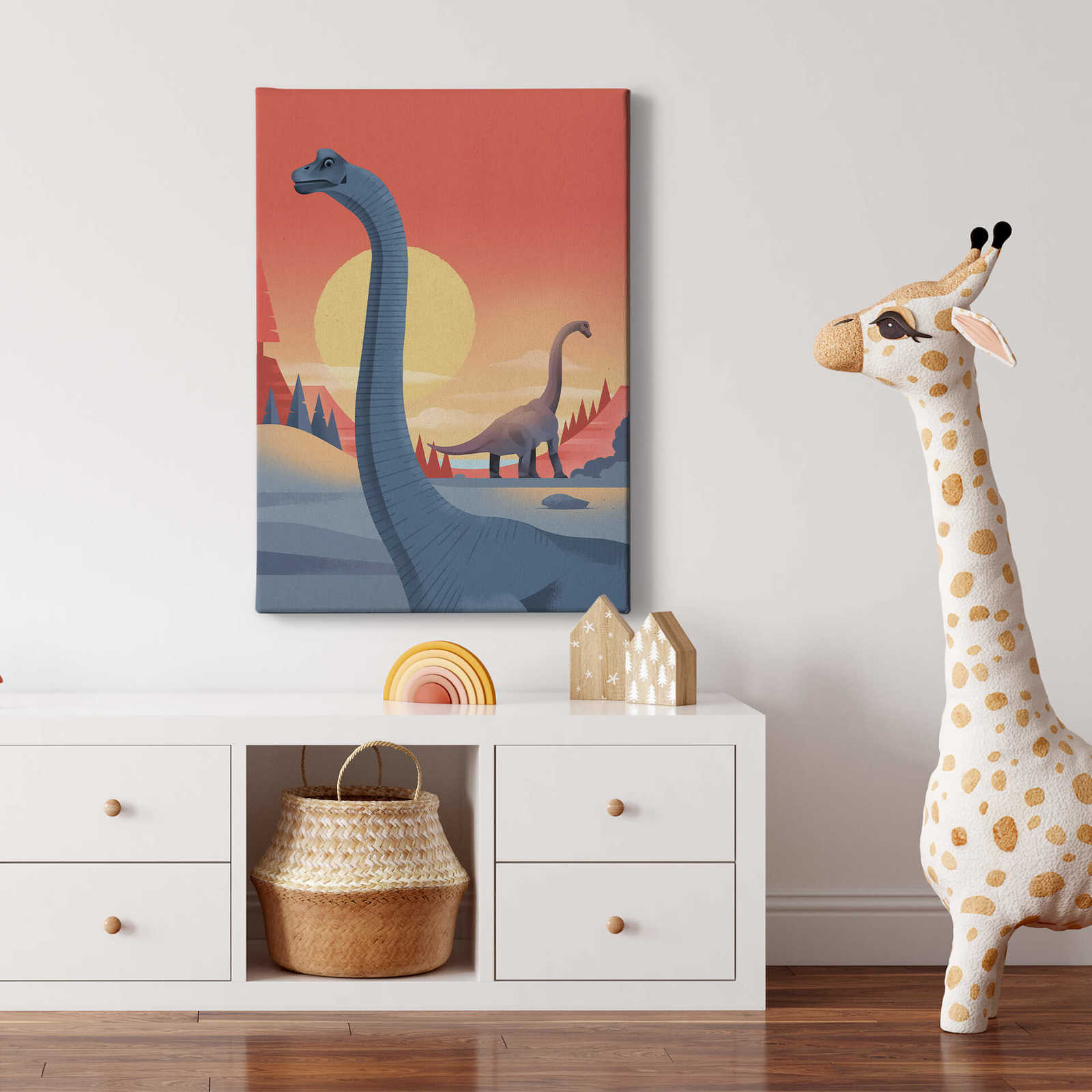             Canvas print dinosaurs in the sunrise – colourful
        