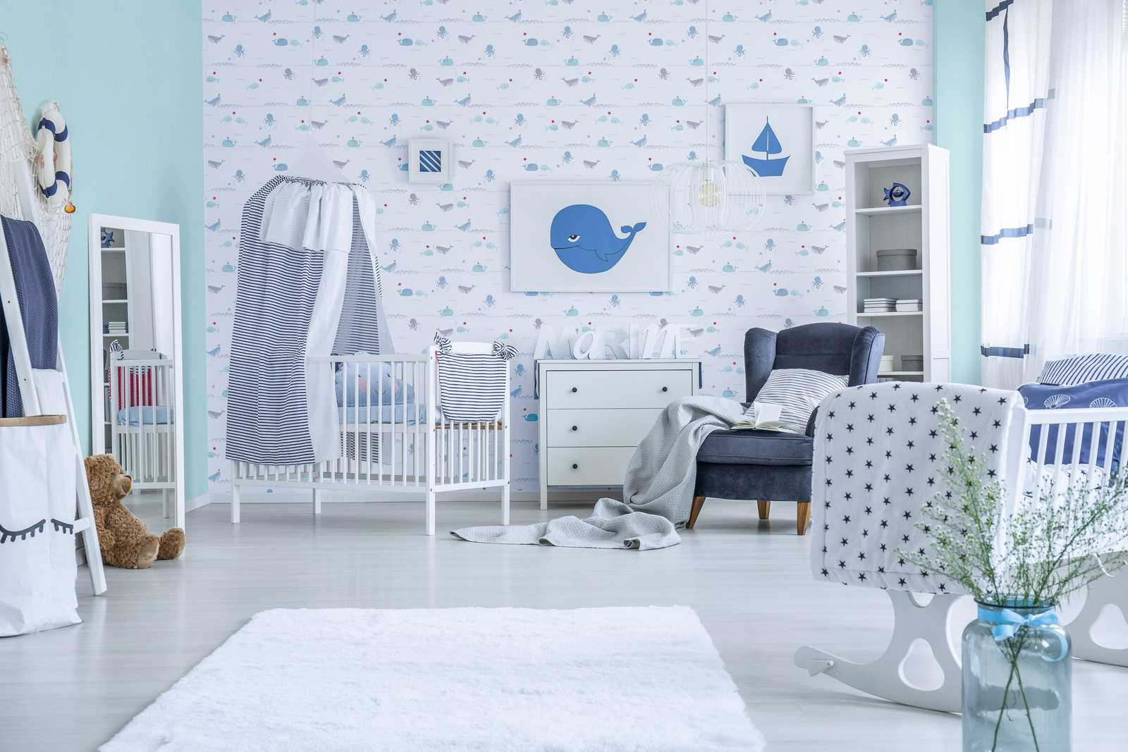             Papel pintado de habitación infantil animales marinos - azul, gris, blanco
        