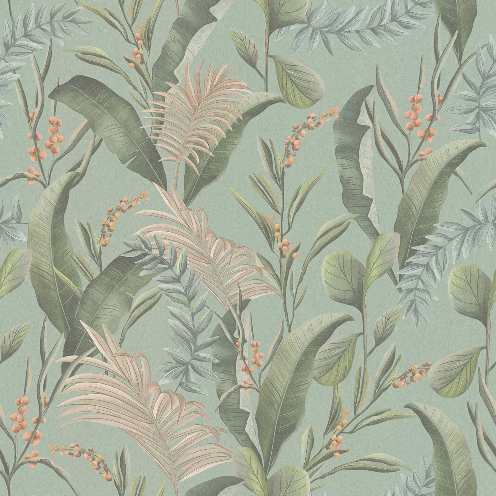         papier peint en papier jungle style floral avec feuilles structuré mat - bleu, vert, beige
    