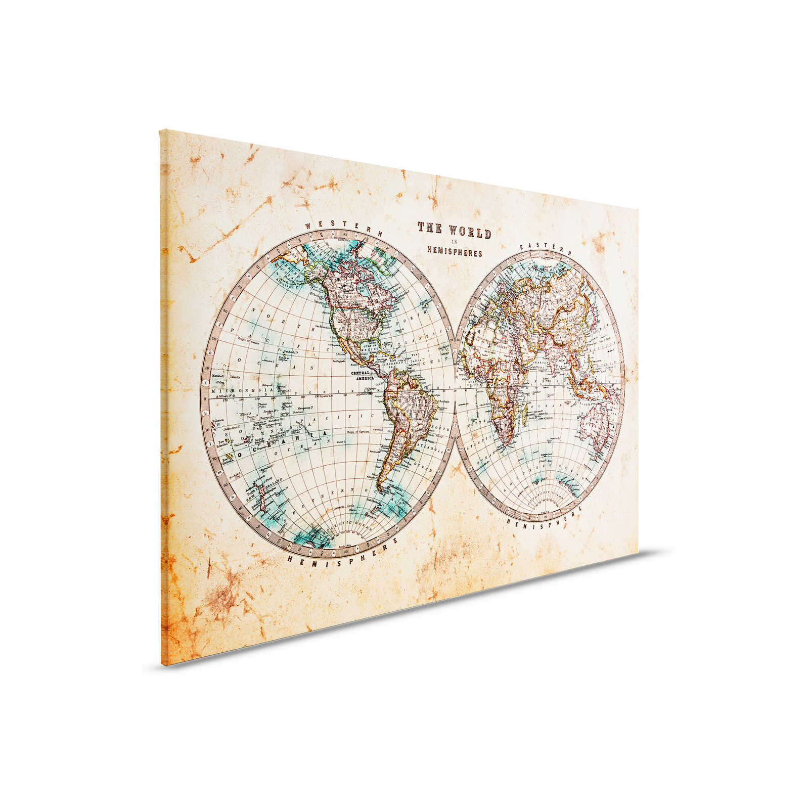         Canvas with Vintage World Map in Hemispheres | brown, beige, blue - 0.90 m x 0.60 m
    