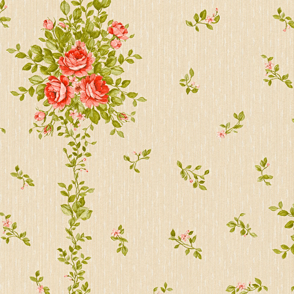             Floral wallpaper roses pattern & stripes effect - beige
        