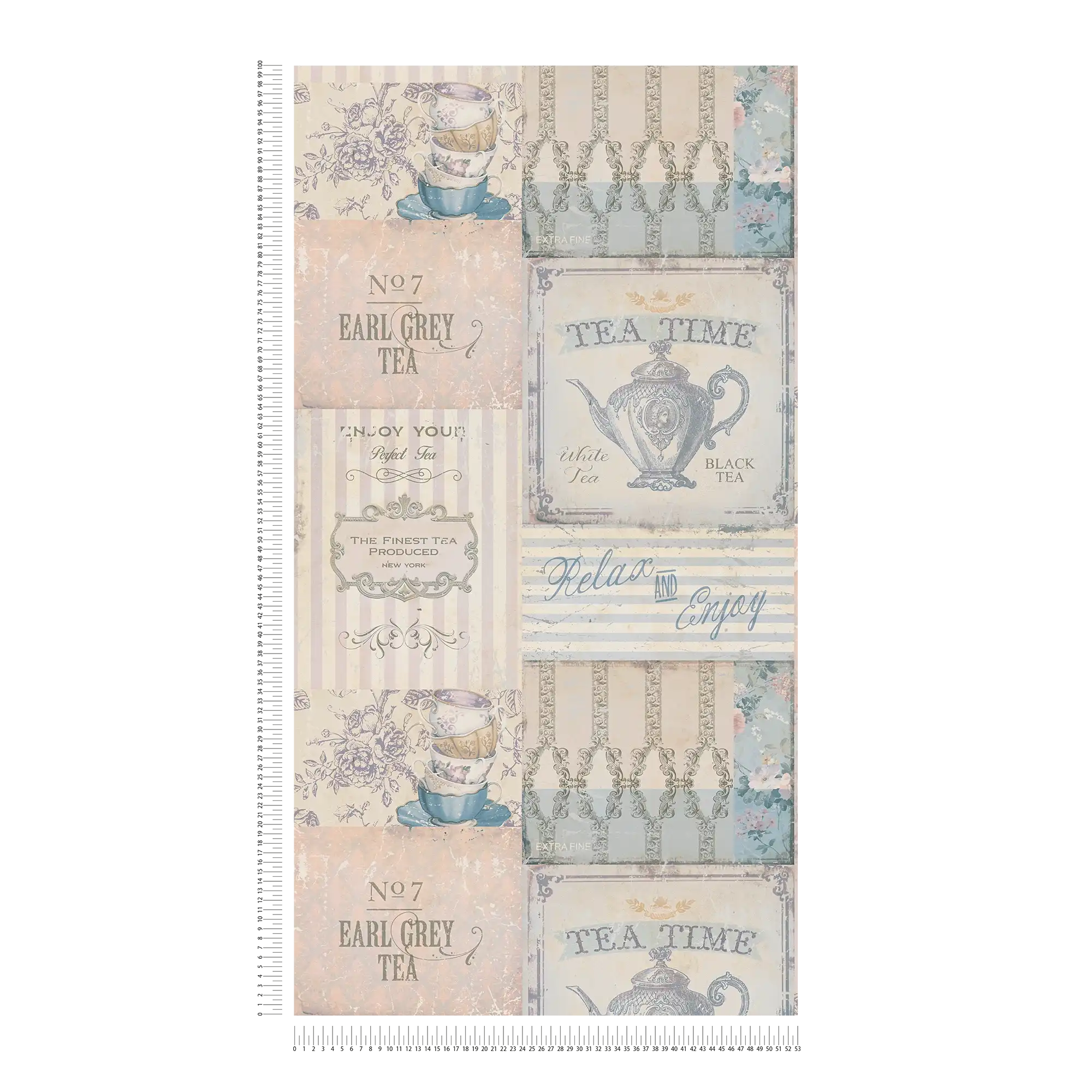             Carta da parati Tea Time collage in stile country - blu, grigio
        