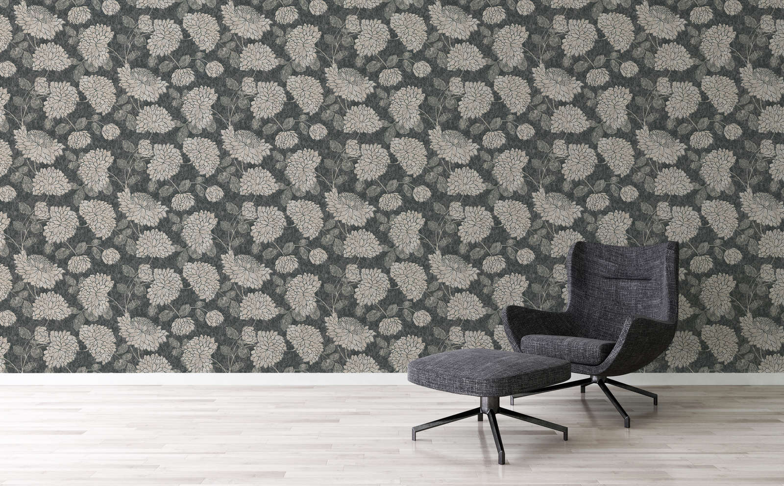             Pattern wallpaper with flowers with a slight sheen - black, white, silver
        