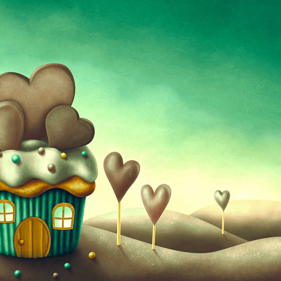 Kindermuurschildering Muffin House in World of Sweets op parelmoer glad vinyl
