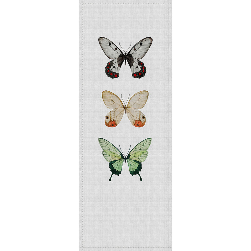 Buzz panels 2 - photo wallpaper panel in natural linen structure with colourful butterflies - Grey, Green | Pearl smooth fleece
