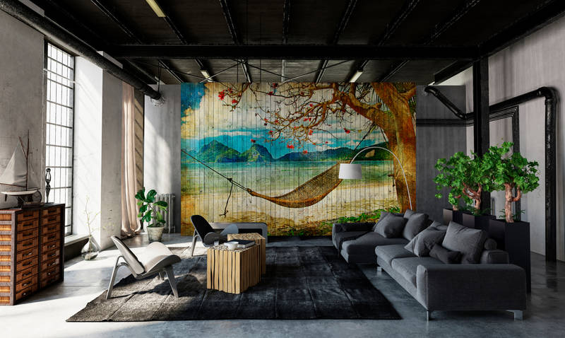             Tahiti 2 - Pannello murale in legno con amaca e spiaggia dei mari del sud - Beige, Blu | Perla tessuto non tessuto liscio
        