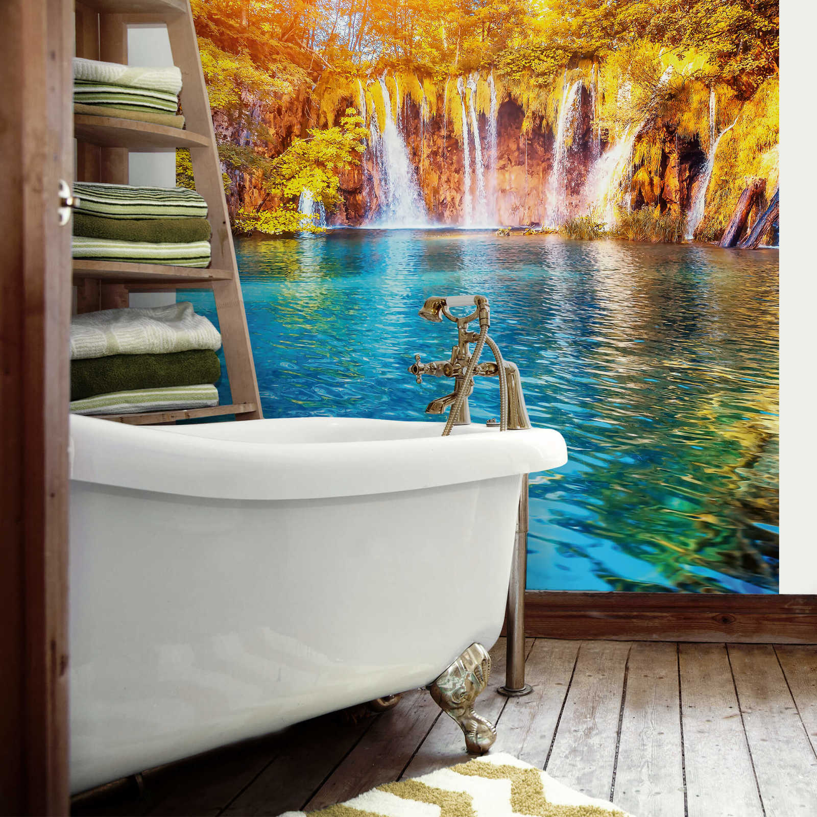             Waterfall mural with lake and forest landscape
        