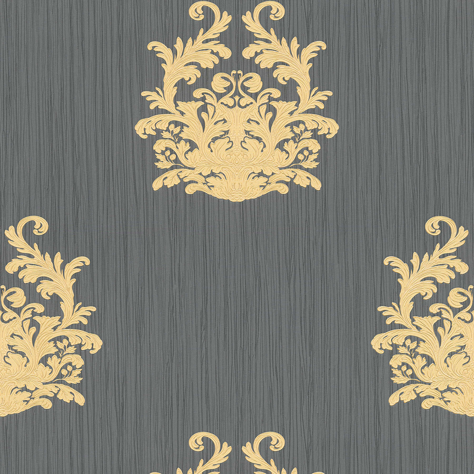Black textile wallpaper with gold emblem with filigree embossed pattern
