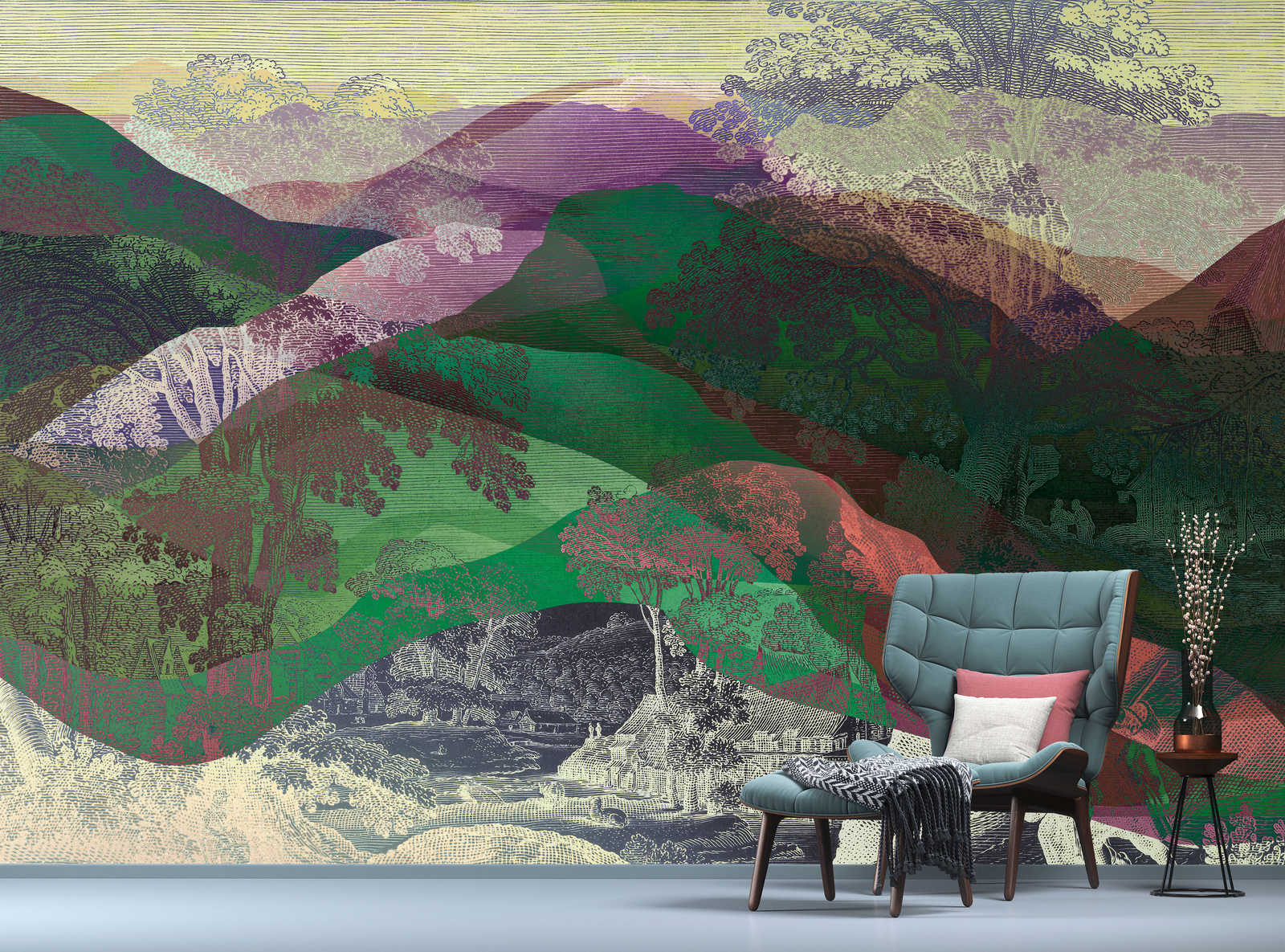            Hidden Valley 1 - Muurschildering Vintage meets Modern Berglandschap
        