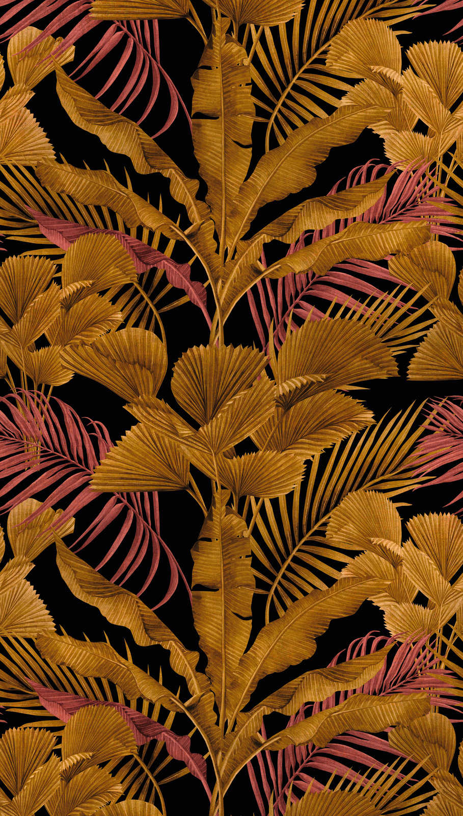             Non-woven wallpaper with different jungle leaves - black, gold, pink
        