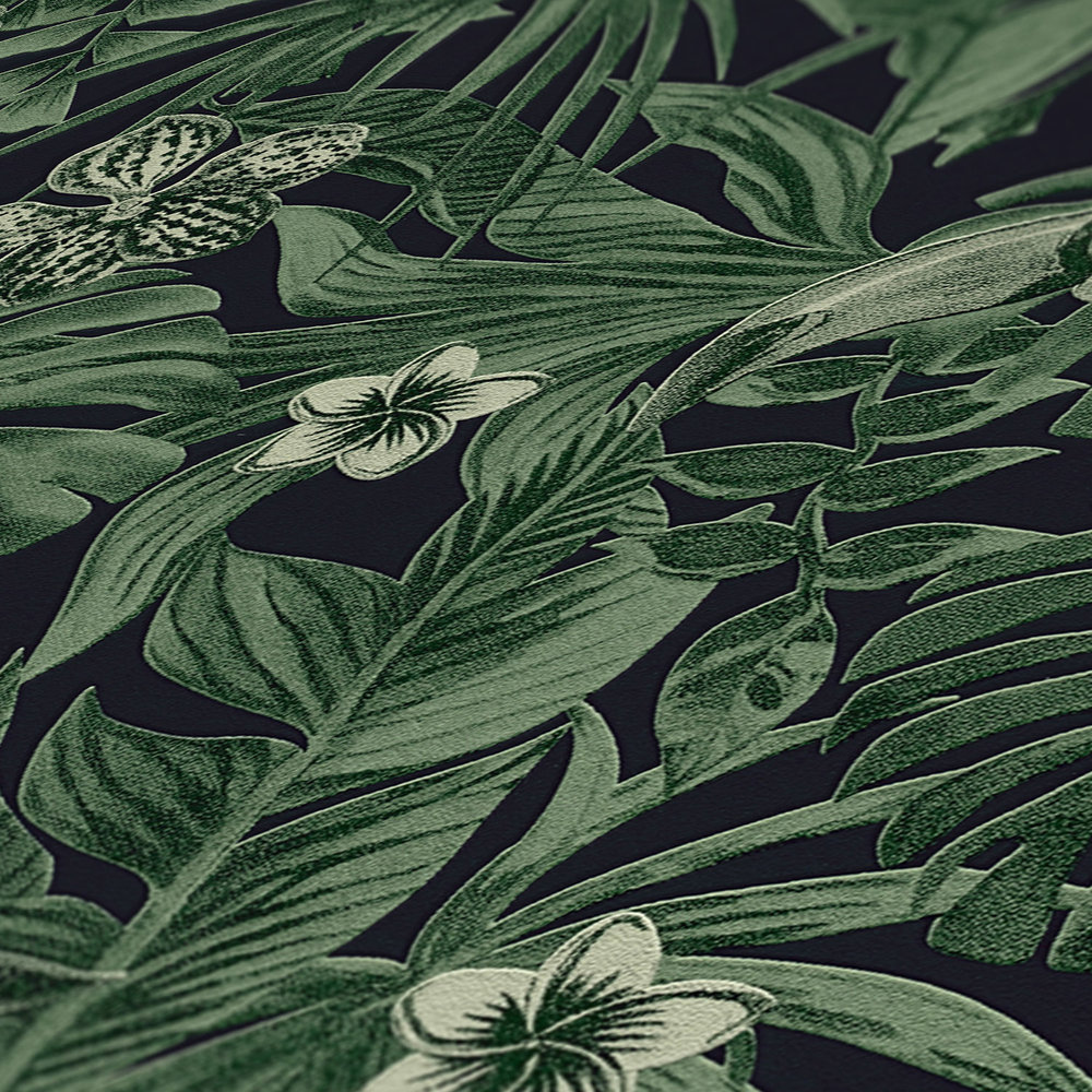             Wallpaper tropical birds & exotic flowers - green, black
        