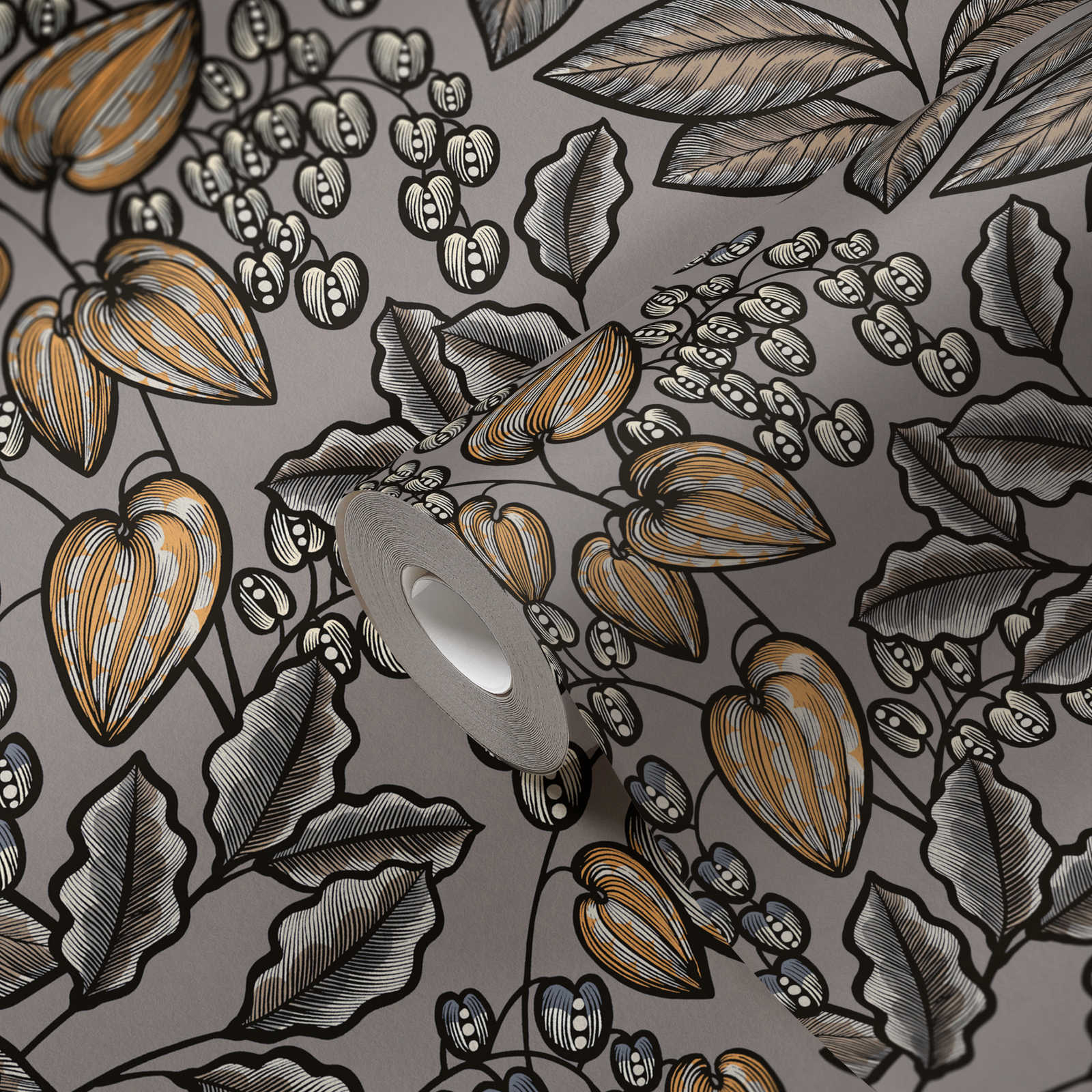             Papel pintado Diseño de hojas en color gris con detalles en amarillo mostaza - Gris, marrón, amarillo
        