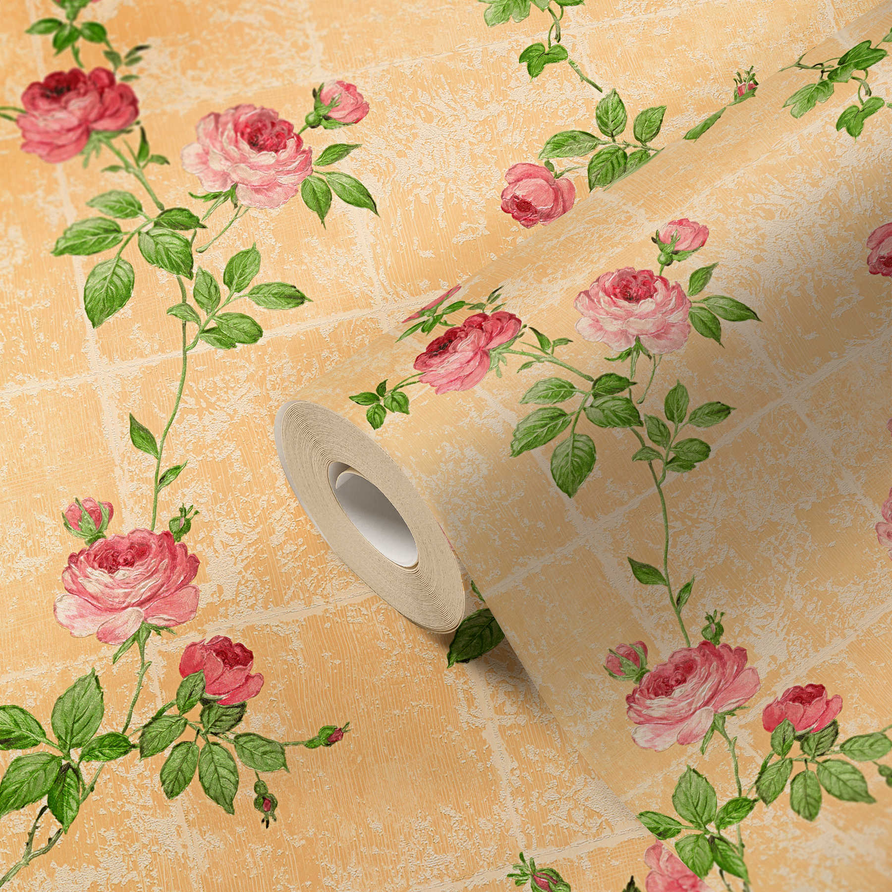             Tile optics wallpaper rustic with roses - colourful
        
