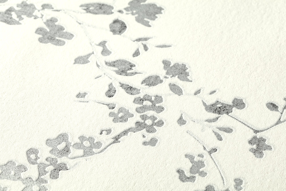             Papier peint intissé avec fleurs style maison de campagne - argent, noir, blanc
        