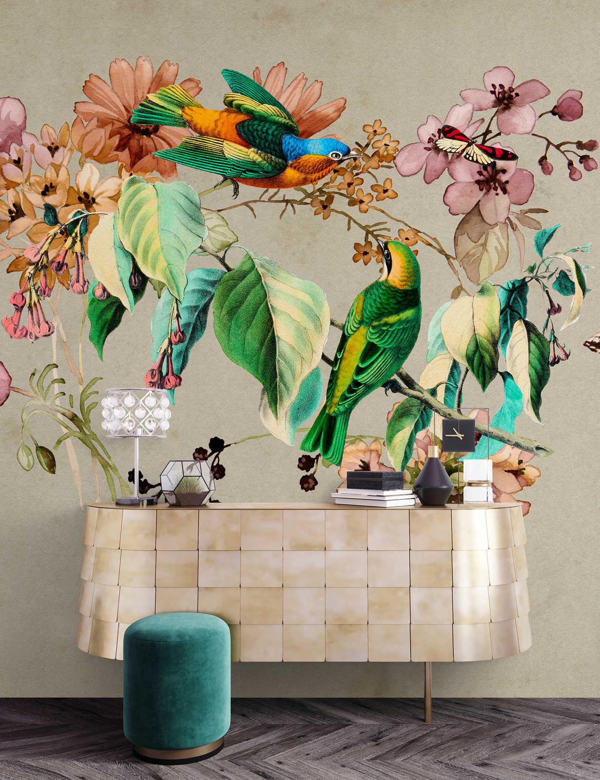             Nido de amor 1 - Mural de pared con flores de acuarela y pájaros de colores
        