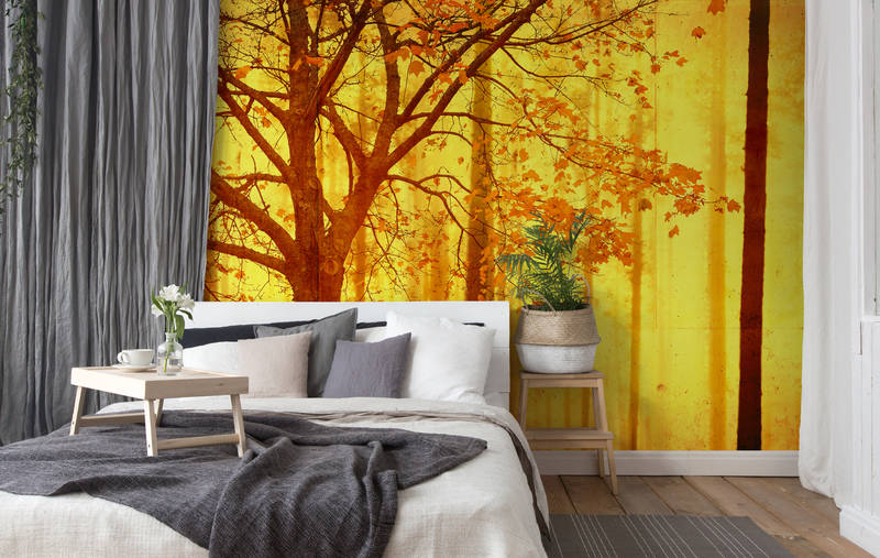             Mural de bosque con estructura de hormigón y degradado de colores - naranja, amarillo, negro
        