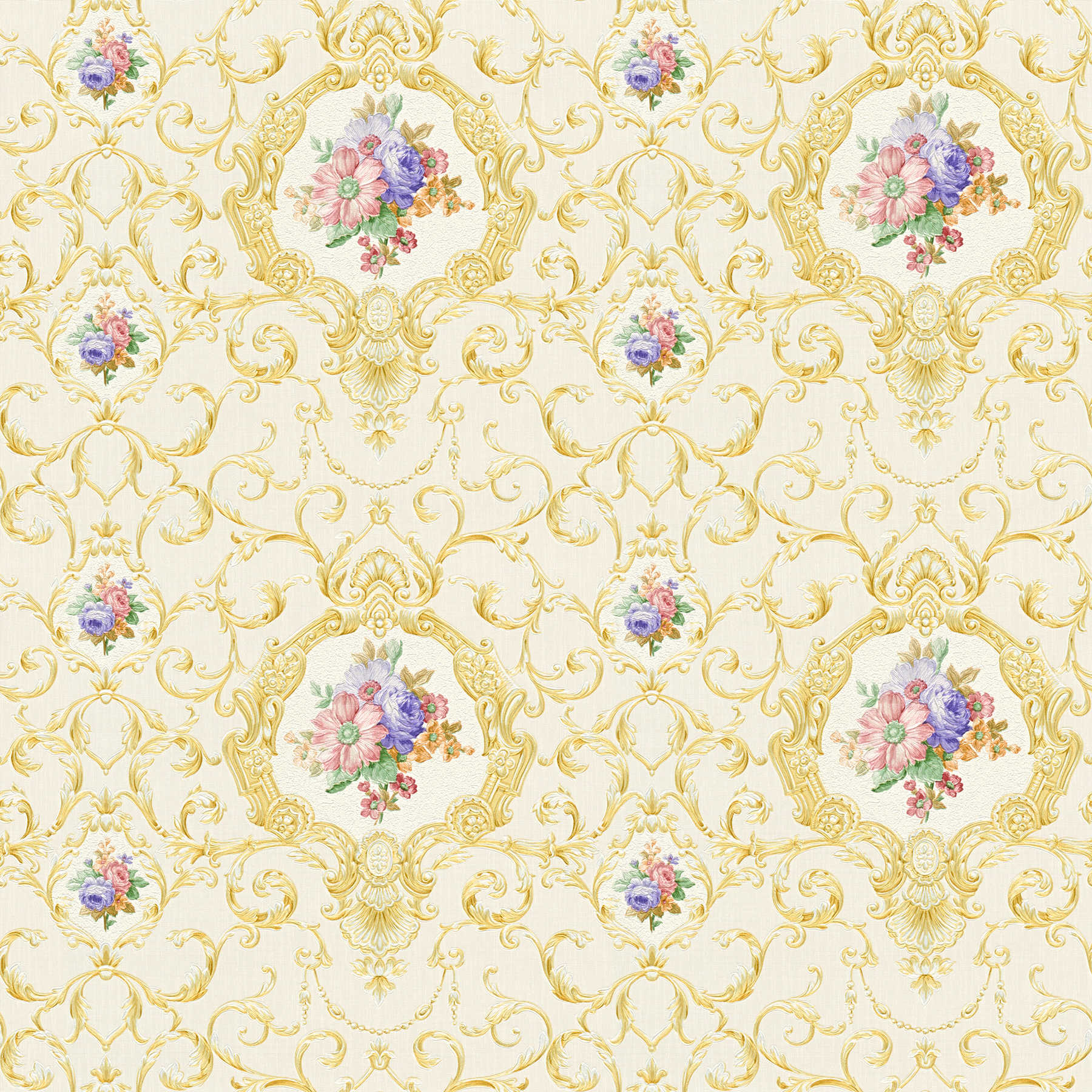 Luxury wallpaper with ornamental pattern & floral bouquet - cream, metallic
