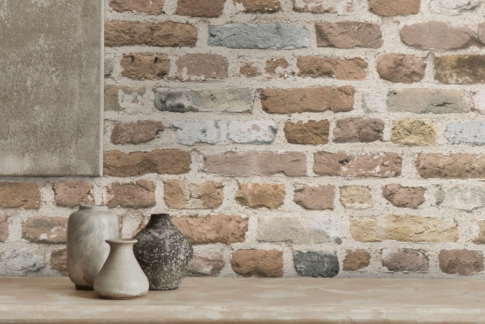             Brown stone wallpaper with brick wall look - brown, grey
        
