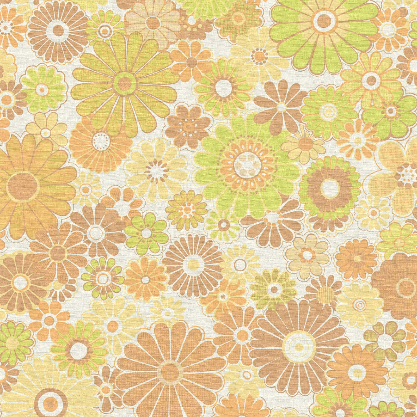 Floral retro wallpaper with light structure - yellow, green, brown
