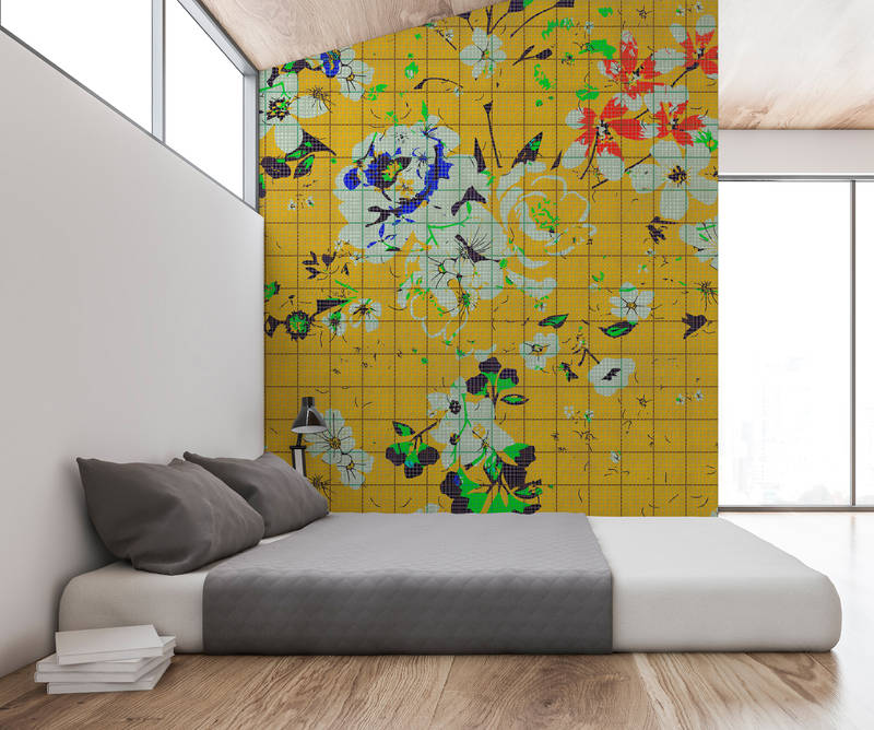             Bloemrijkplaid 1 - Digital behang kleurrijk bloemenmozaïek geel met ruitjesoptiek - Blauw, Geel | structuurvlies
        