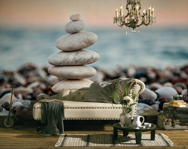             Digital printing wallpaper with stone tower by the sea - grey, blue
        