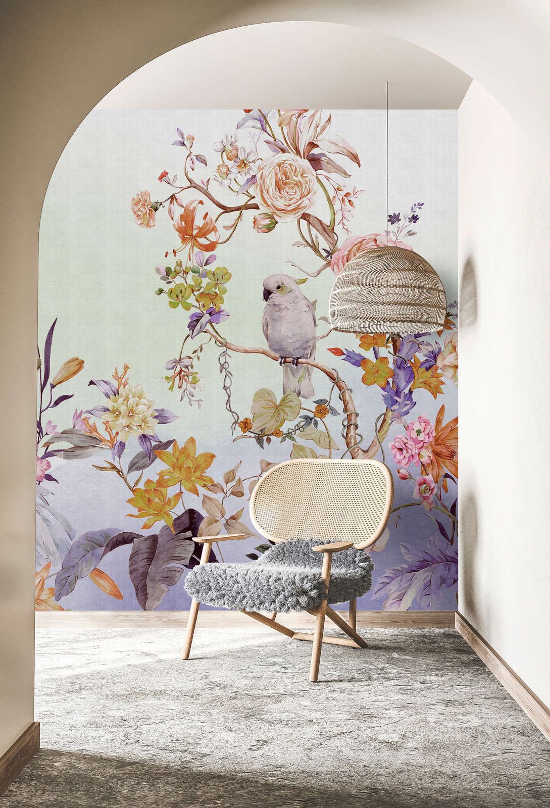             Photo wallpaper »paradise« - Bird & flowers with colour gradient and linen texture in the background - Colourful | Smooth, slightly shiny premium non-woven fabric
        