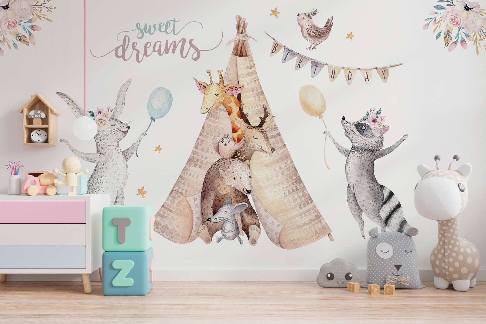             Papier peint panoramique Chambre d'enfant Animaux lors d'une fête d'anniversaire - Beige, Gris, Multicolore
        