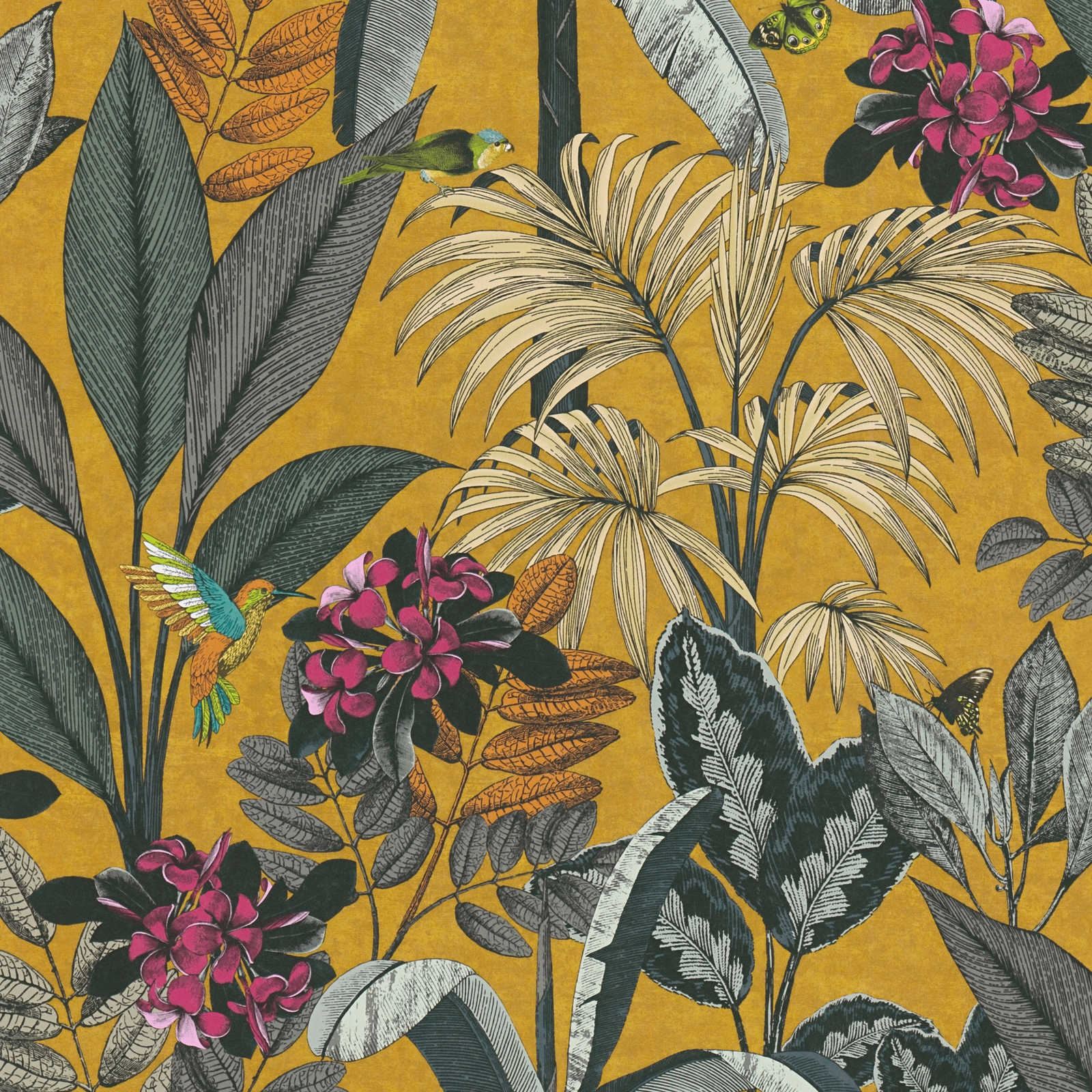         Mustard yellow wallpaper with tropical leaves and flowers pattern
    