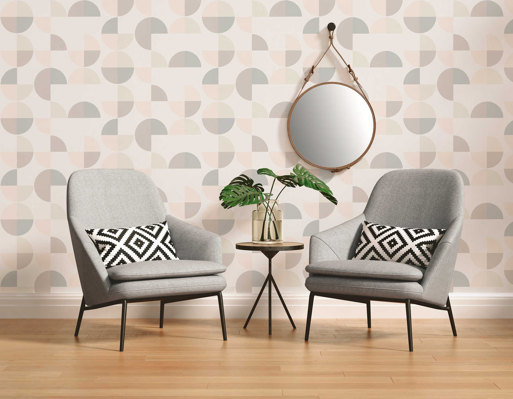             Geometrisch patroonbehang in Scandinavische stijl - grijs, roze, beige
        