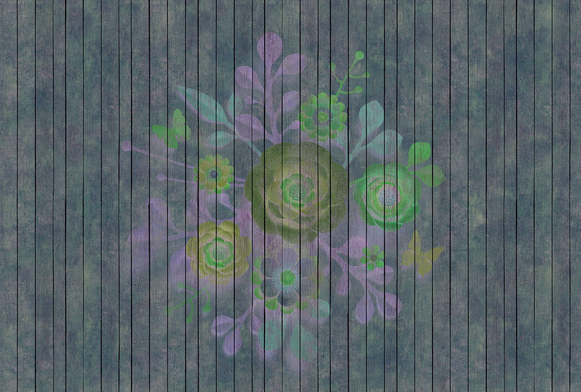             Spray bouquet 2 - Photo wallpaper in wood panel structure with flowers on board wall - Blue, Green | Premium smooth fleece
        