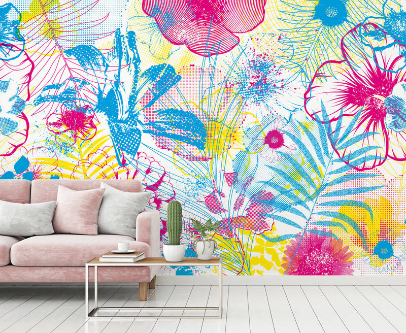             Photo wallpaper flowers pattern beach style & neon colours
        