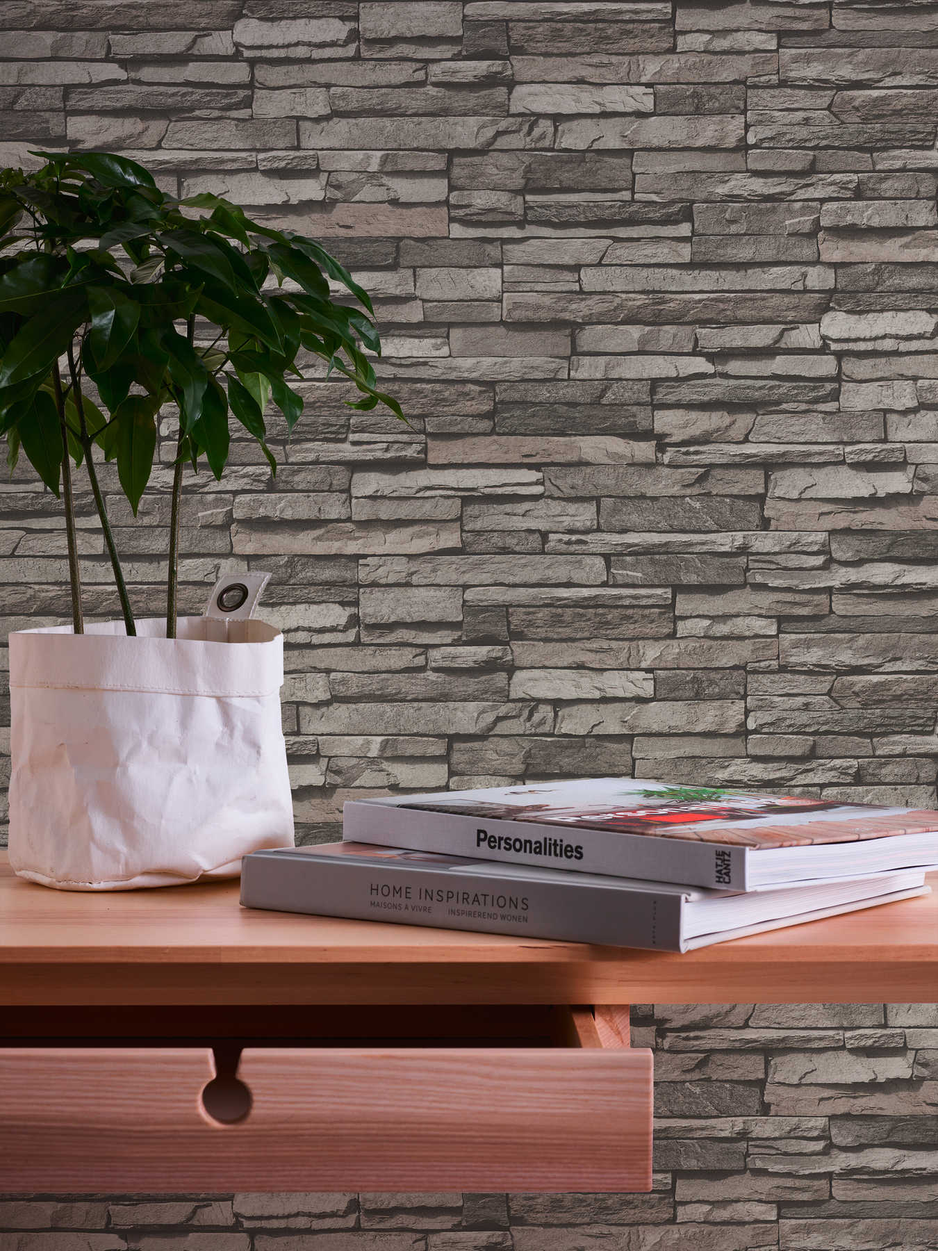             3D wallpaper with light grey stone wall motif - grey, cream, black
        