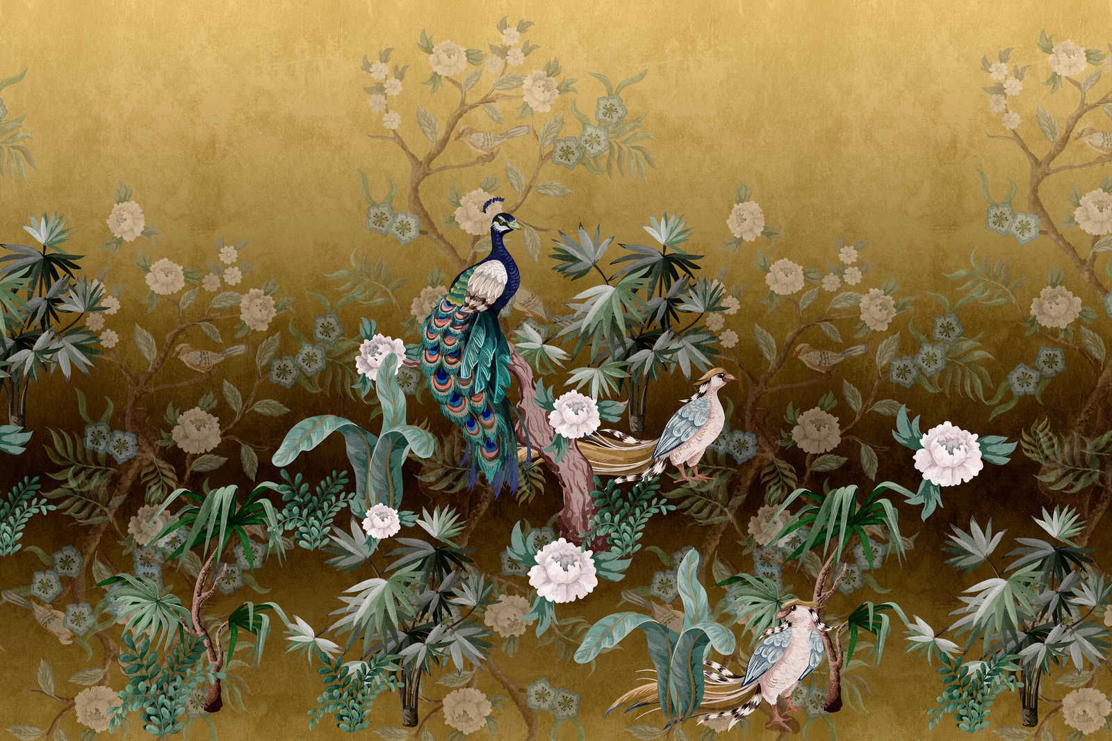             Peacock Island 3 - Canvas painting Peacocks Garden Gold with Plants & Blossoms - 1.20 m x 0.80 m
        