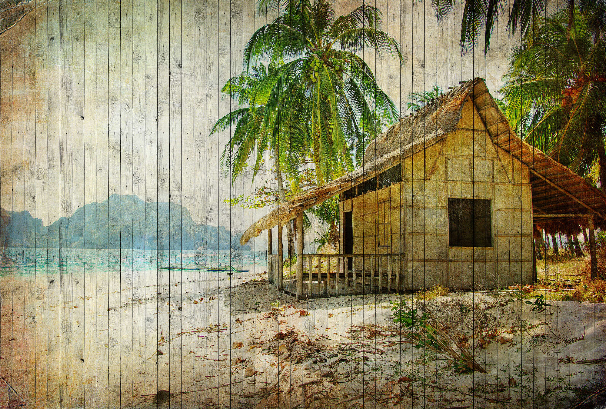             Tahiti 1 - South Seas beach wallpaper with board optics in wood panels - beige, blue | mother-of-pearl smooth fleece
        