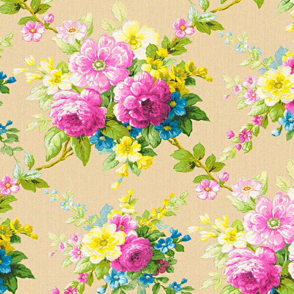             carta da parati fiori ornamento floreale con effetto metallico - multicolore
        