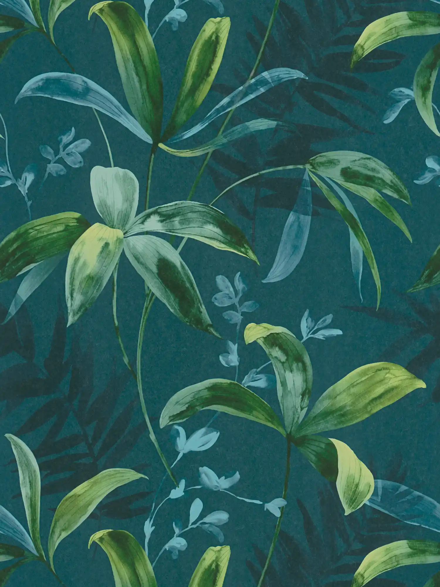 Donkergroen behang met bladerenpatroon in aquarelstijl - Blauw, Groen
