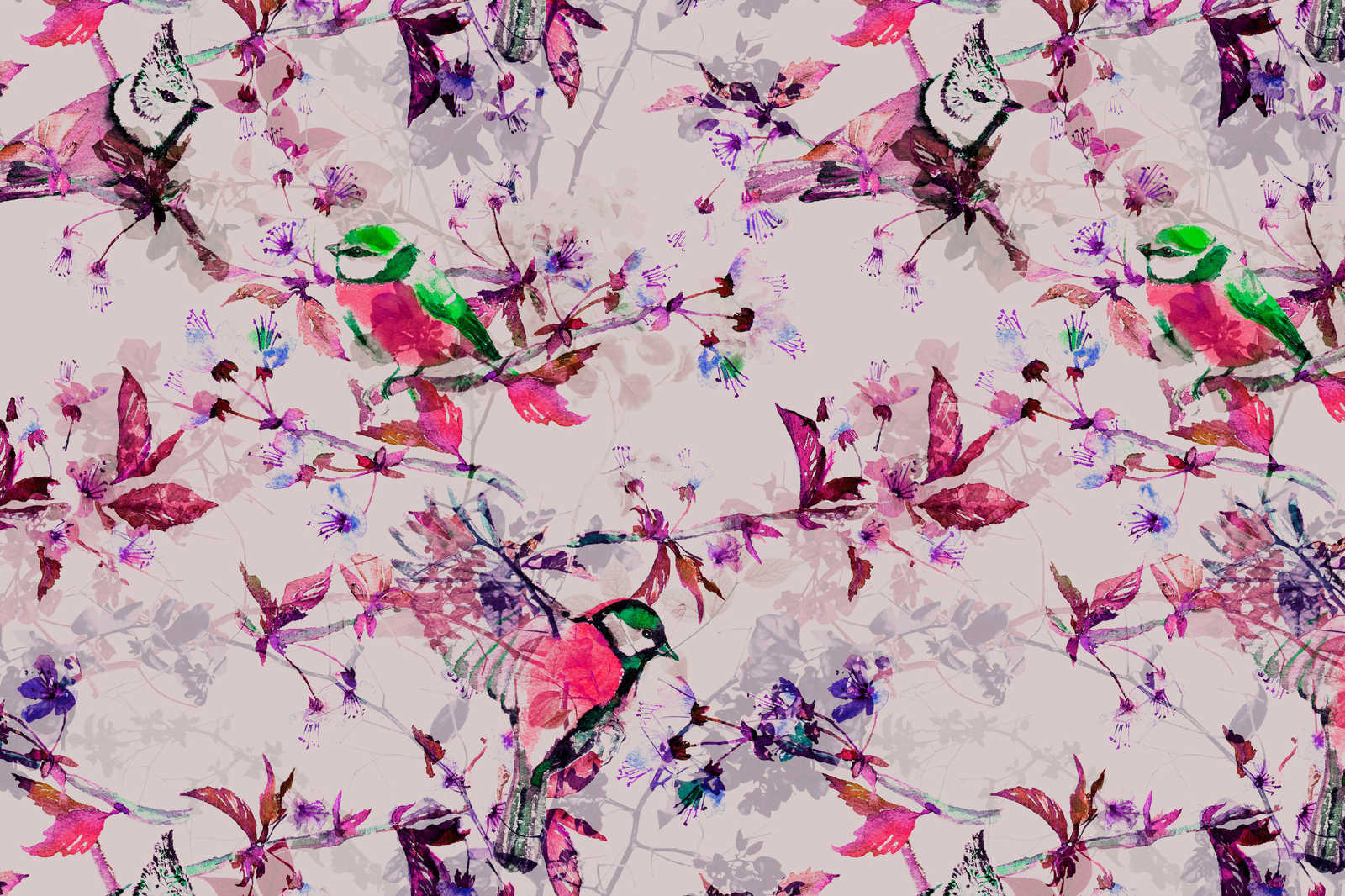             Uccelli Pittura su tela in stile collage | rosa, blu - 0,90 m x 0,60 m
        