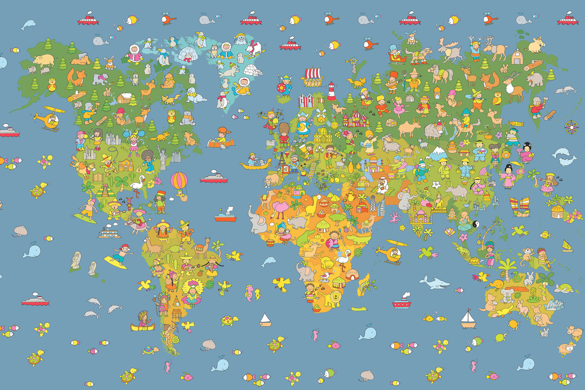             Kids mural world map with country symbols on mother of pearl smooth fleece
        