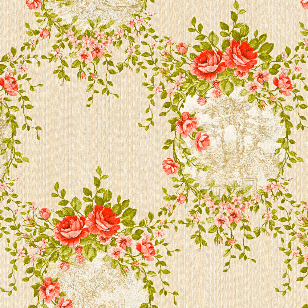             Wallpaper nature design landscape motifs & roses ornaments - colourful, beige
        