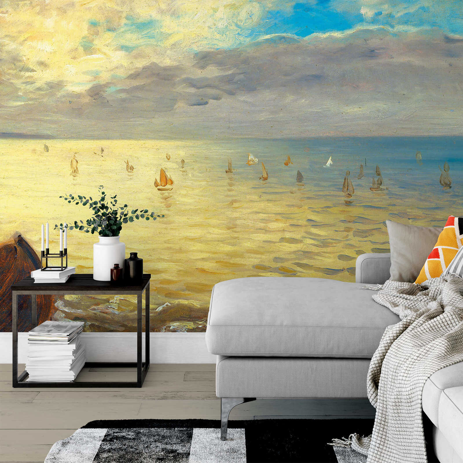             Papel pintado Playa y Mar - Amarillo, Azul
        