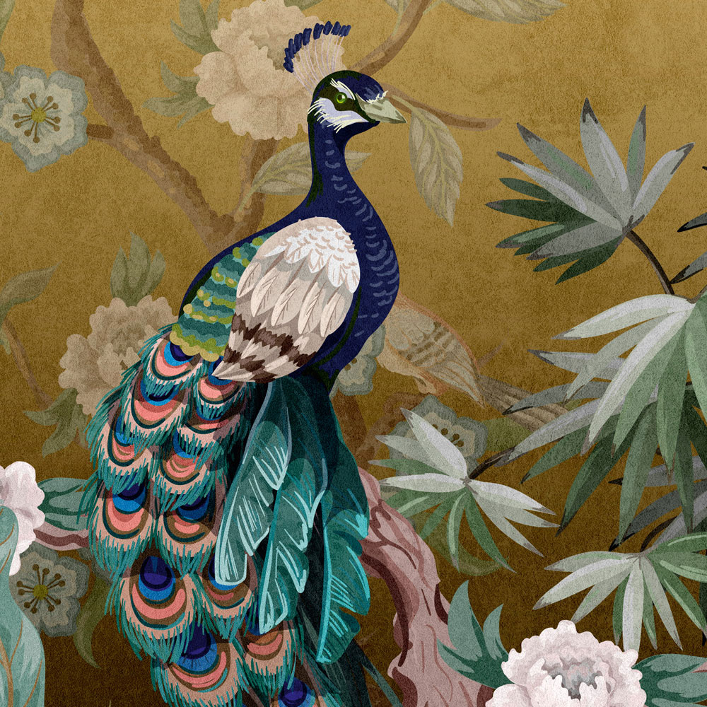             Peacock Island 3 - Carta da parati dorata con piante e fiori del giardino dei pavoni
        