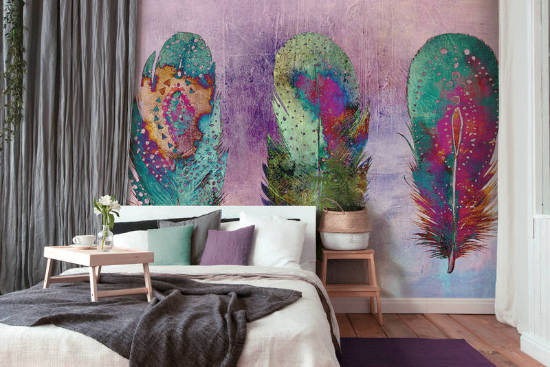             Boho watercolour style feathers mural - colourful, purple, blue
        