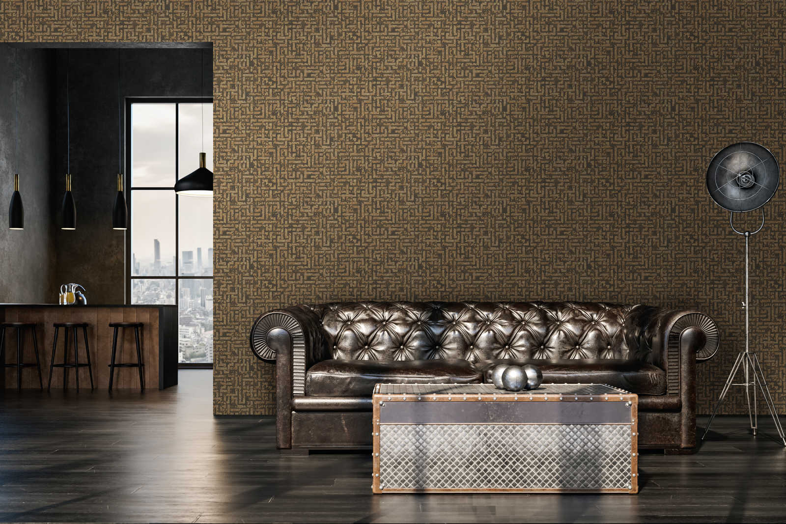             Ethno pattern wallpaper with used design & relief graphics - Brown, Metallic
        