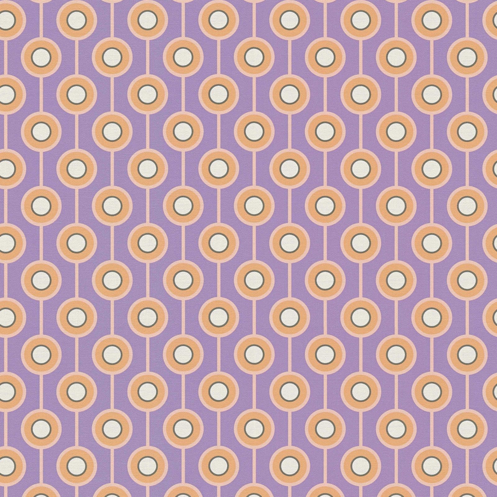 Abstract circle pattern on non-woven wallpaper in retro style - purple, orange, beige

