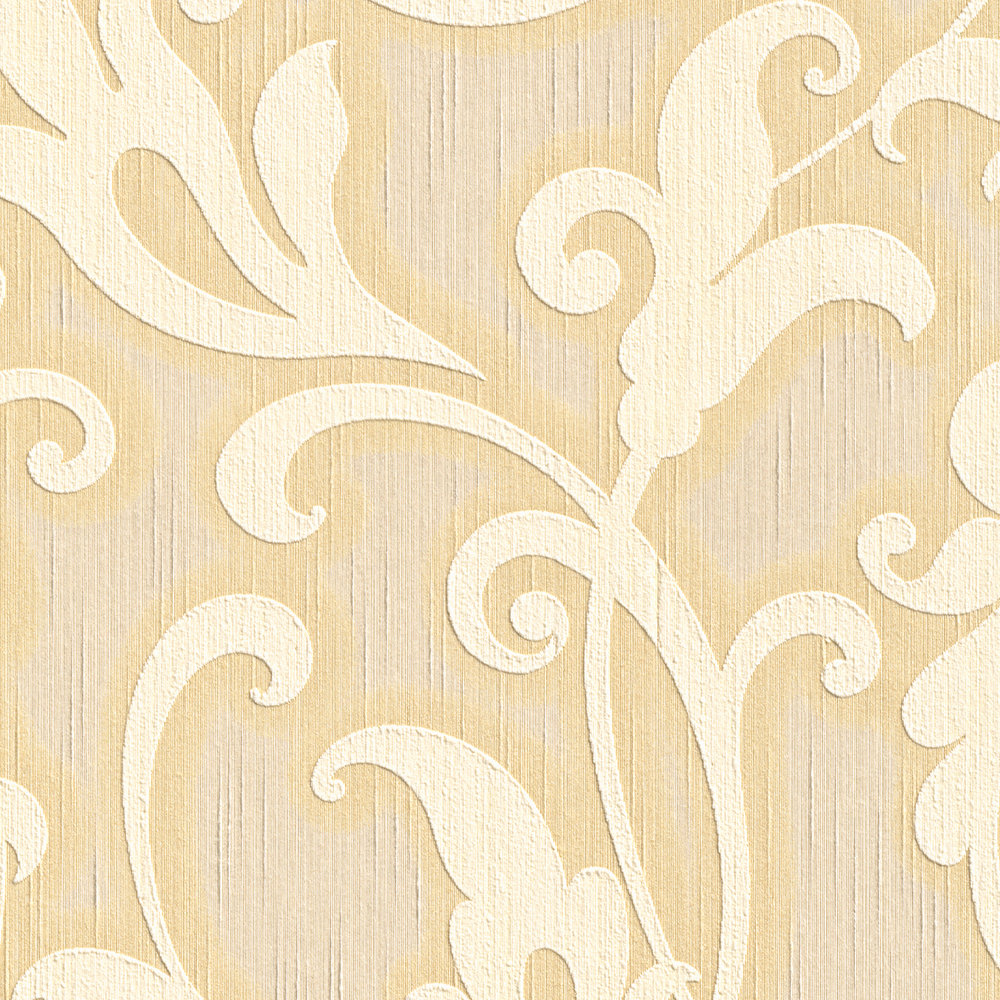             Barok behang met textielstructuur en reliëfpatroon - geel, goud
        