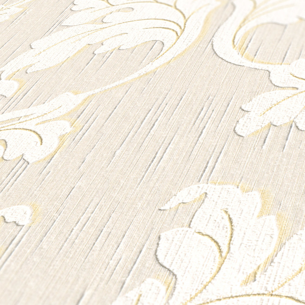             Hoogwaardig textielbehang met ornamentranken - beige, crème, goud
        